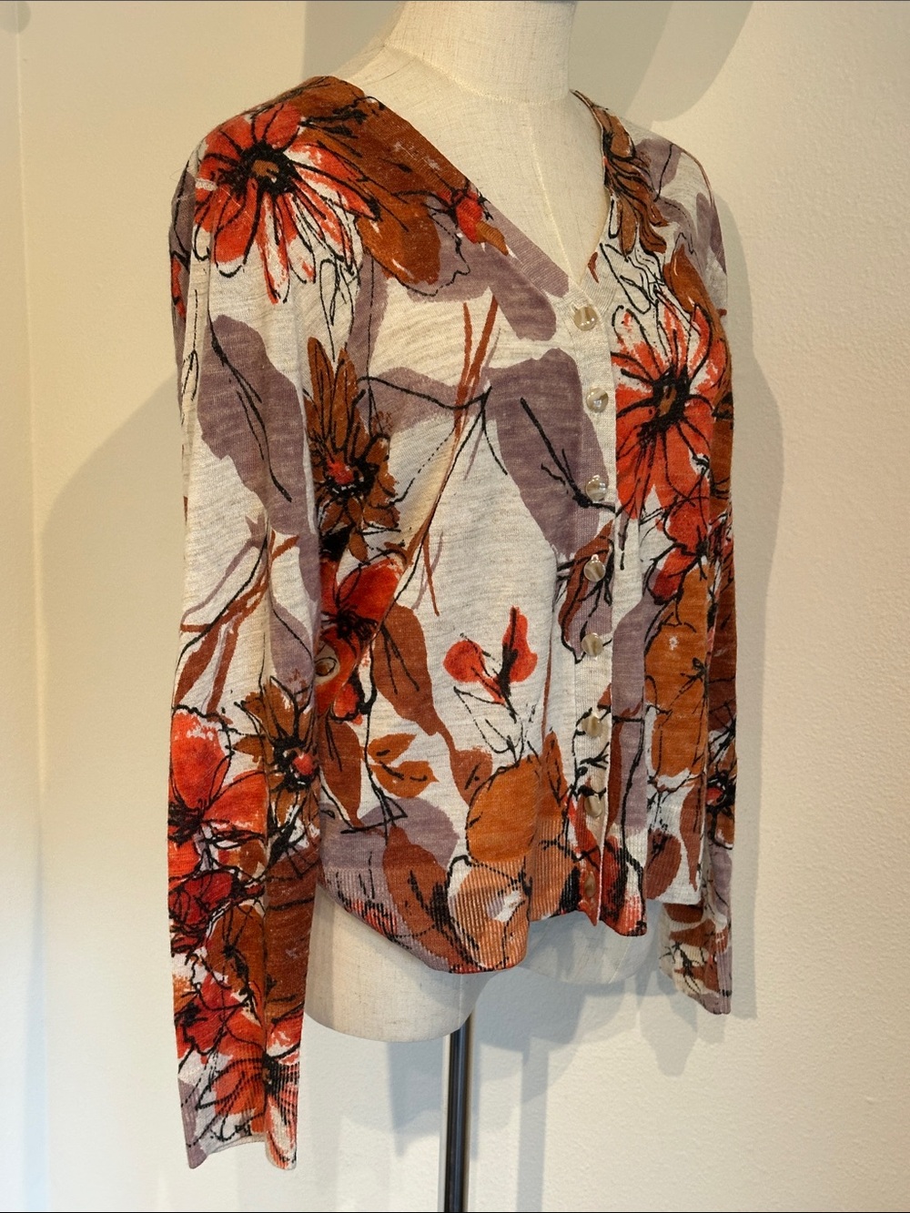 Coldwater Creek Orange Floral Button-Front Cardigan